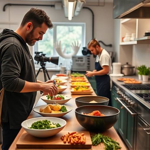 A behind-the-scenes shot of a food photography team styling elaborate dishes in a well-equipped kitchen studio.