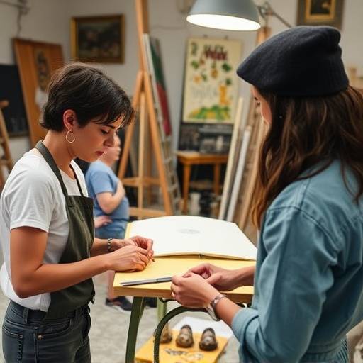 A candid shot of a creative process, showing artists working collaboratively in a studio.