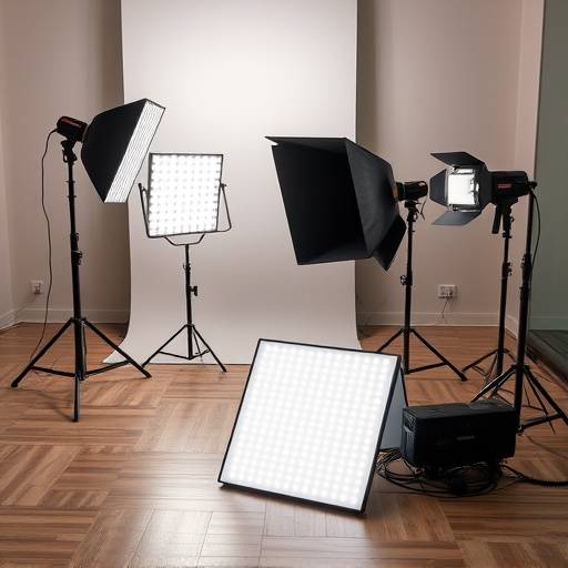 A collection of professional studio lighting equipment including LED panels and strobes on C-stands, neatly arranged on the studio floor.