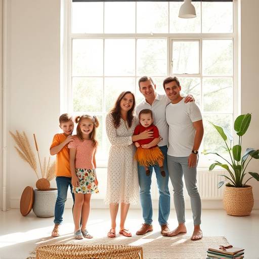 A family portrait session in a bright, airy studio with large windows, featuring natural light and warm tones.