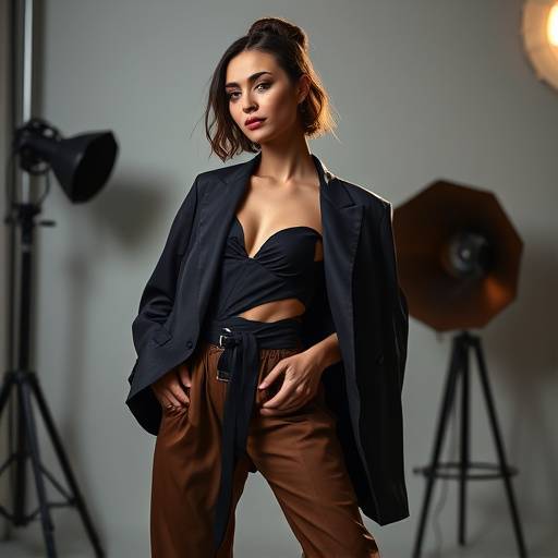 A fashion model striking a dramatic pose under professional lighting in a modern studio, wearing avant-garde clothing.