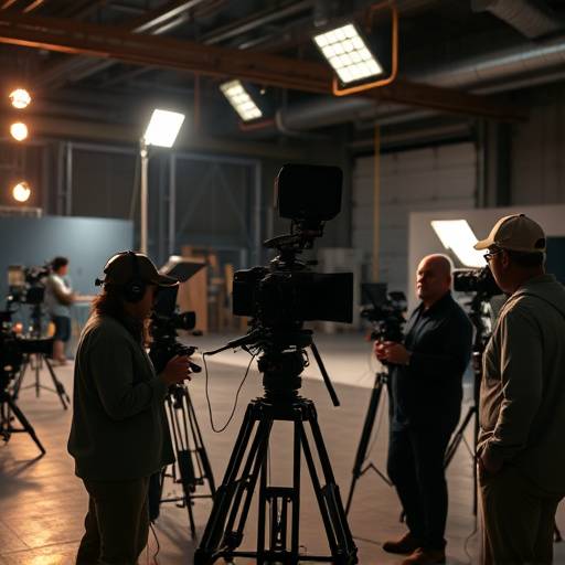 A film crew setting up camera equipment in a spacious studio with industrial-style lighting fixtures for a cinematic scene.
