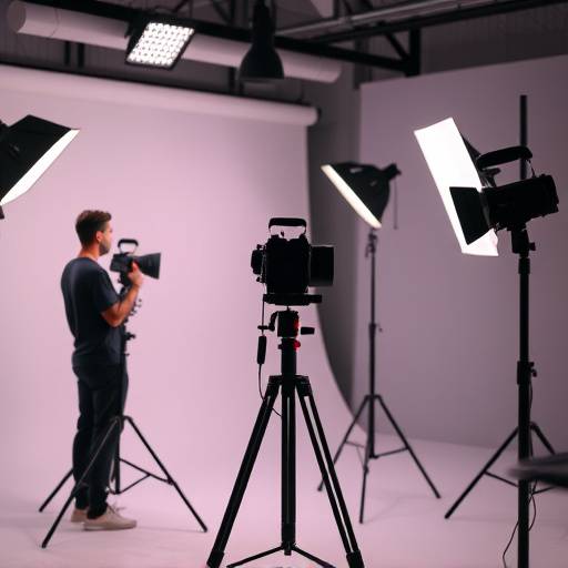 A photographer using professional lighting equipment in a modern studio setting.