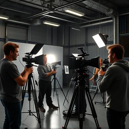 A small film crew setting up lights and cameras in a spacious industrial-style studio. The atmosphere appears professional and collaborative.