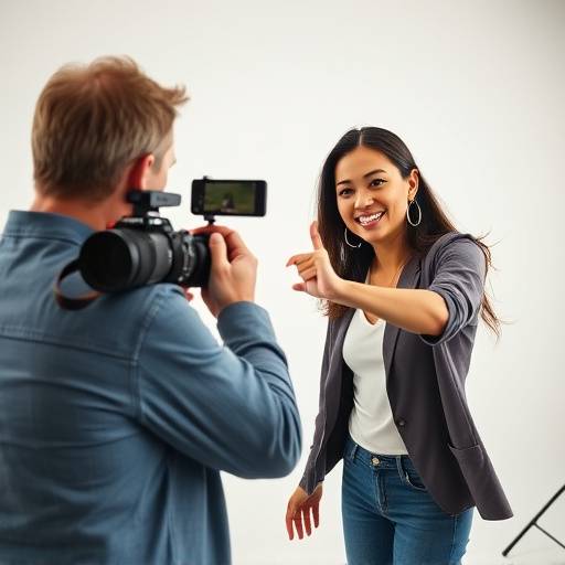A smiling photographer directing a model in a well-lit studio space. The model is posing dynamically.
