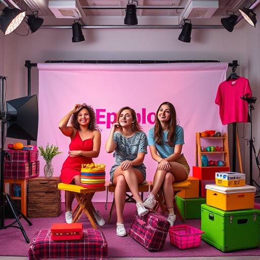 A vibrant lifestyle shoot in Studio Epsilon, featuring colorful props and energetic models interacting.