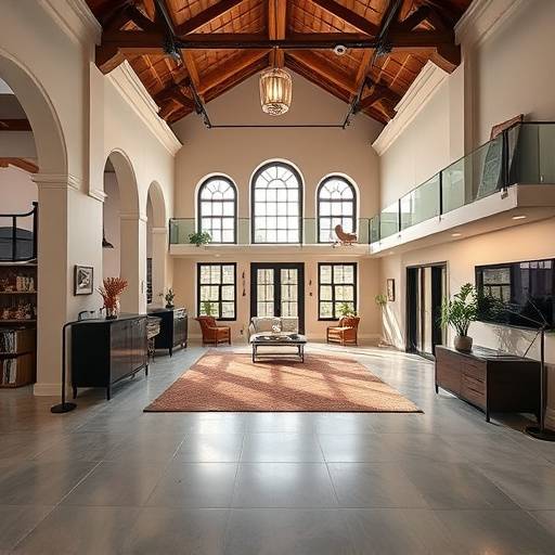 A wide shot of a studio space showing its architectural features and potential for staging complex scenes.