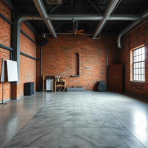 Modern 'Zenith' studio with polished concrete floors, exposed brick, and industrial-style lighting.
