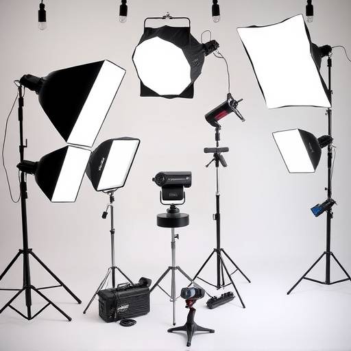 Various studio lighting fixtures including softboxes and strobes